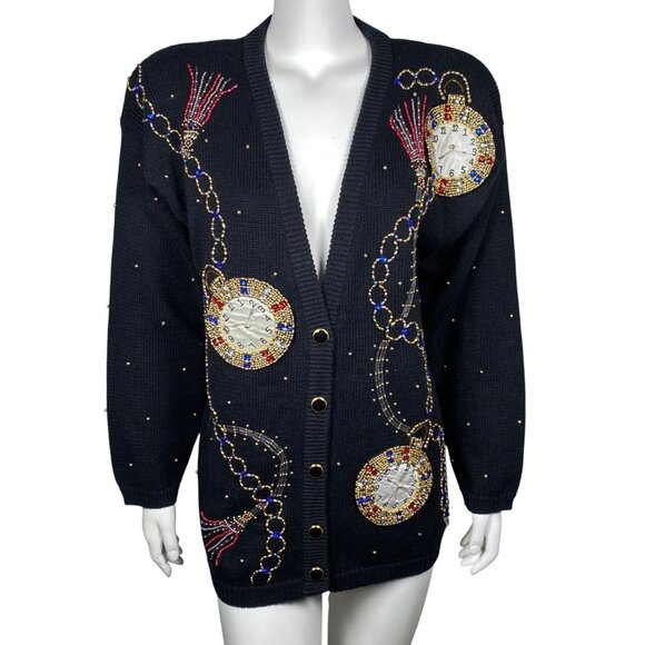 Vintage Contessa Visconte Pocket Watch Cardigan Sweater Size L Beaded Festive - Picture 1 of 7